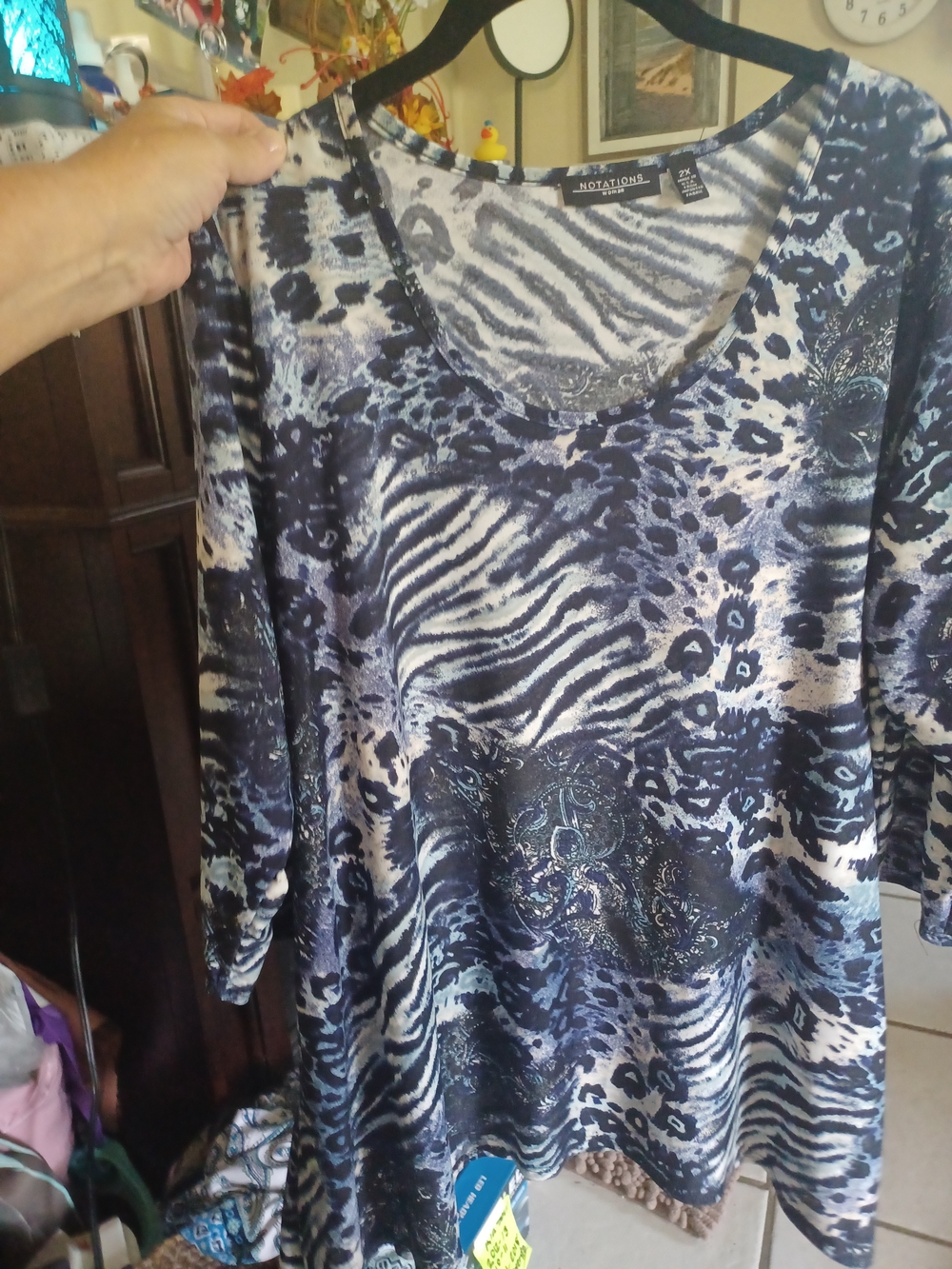 2X Notations Navy and White Animal-Print Scoop Neck Tunic